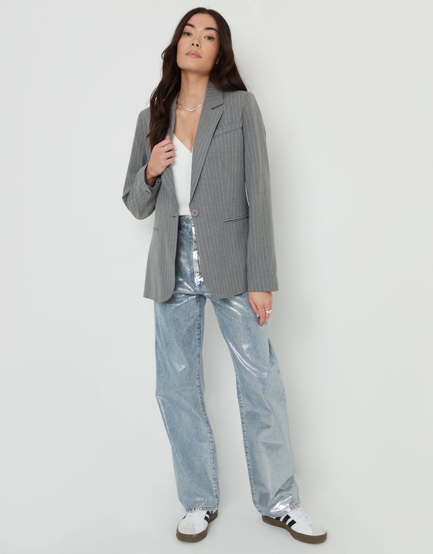 Women's Grey Pinstripe Lined Blazer