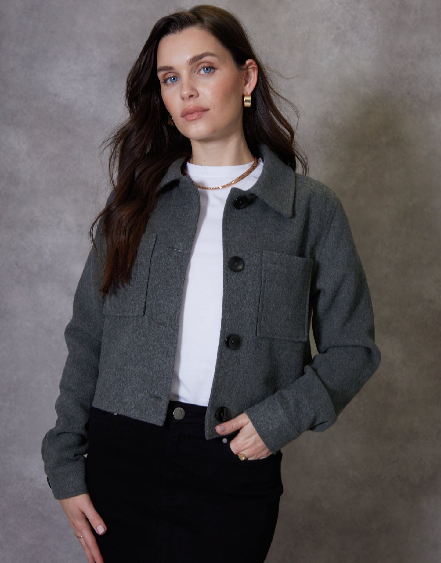 Women's Charcoal Cropped Brushed Shacket